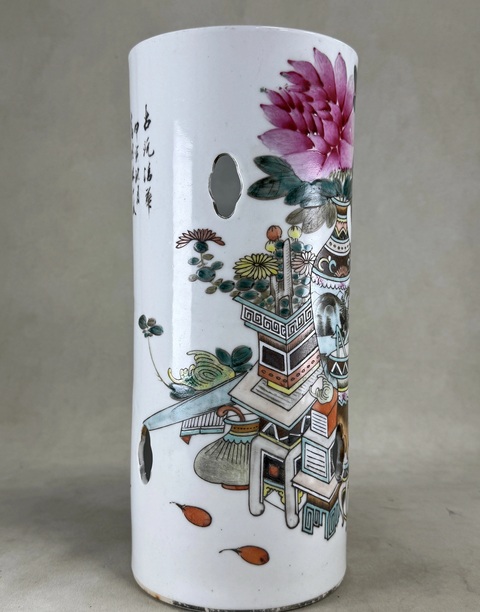 古玩陶瓷淺絳彩博古圖帽筒真品鑒賞圖