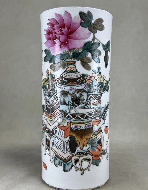 古玩陶瓷淺絳彩博古圖帽筒真品鑒賞圖