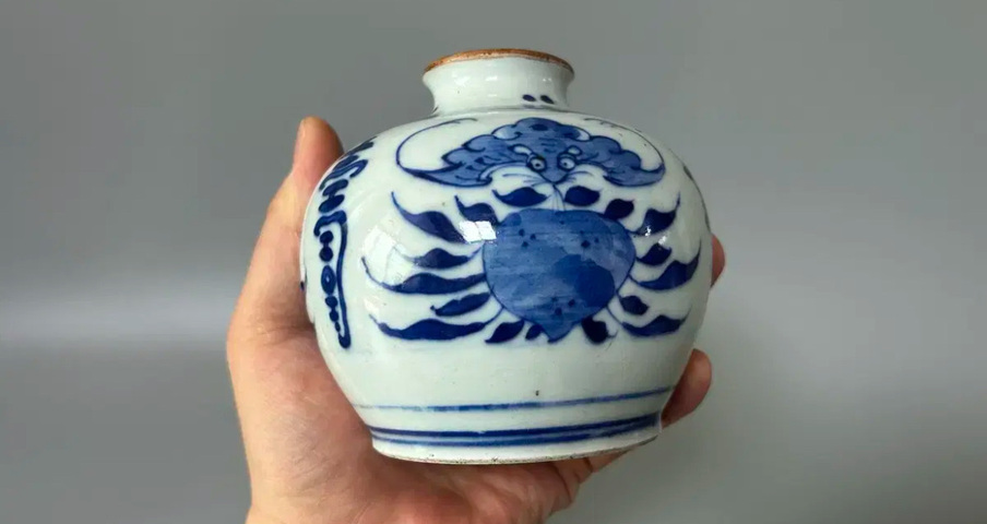 古玩陶瓷福壽紋青花石榴尊真品鑒賞圖