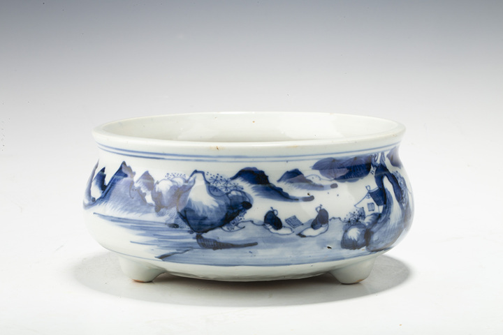 古玩陶瓷清中·青花山水人物紋香爐拍賣，當前價格588元