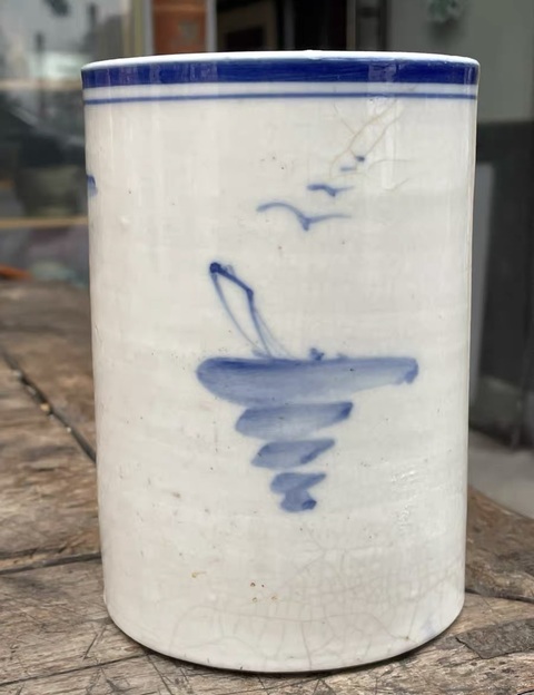 古玩陶瓷山水紋青花筆筒真品鑒賞圖