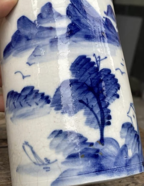 古玩陶瓷山水紋青花筆筒真品鑒賞圖