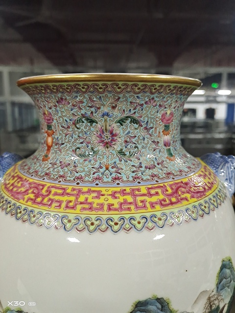 古玩陶瓷民國 仿琺瑯彩山水人物紋大尊真品鑒賞圖