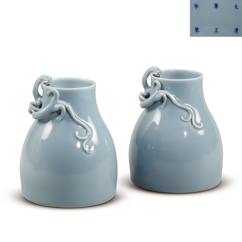 古玩陶瓷天藍釉貼塑螭龍紋尊真品鑒賞圖