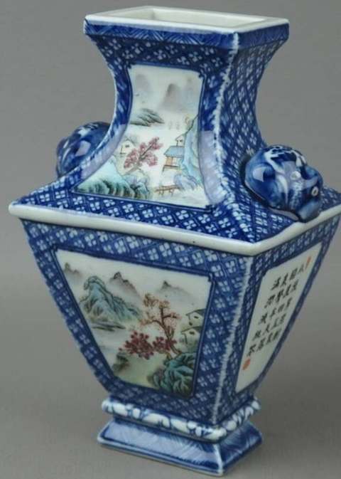 古玩陶瓷青花加彩山水人物四方瓶真品鑒賞圖