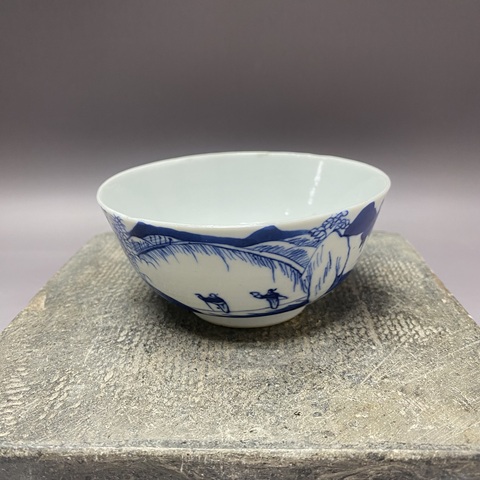 古玩陶瓷清晚期·樵漁耕讀·青花碗拍賣,當前價格960元