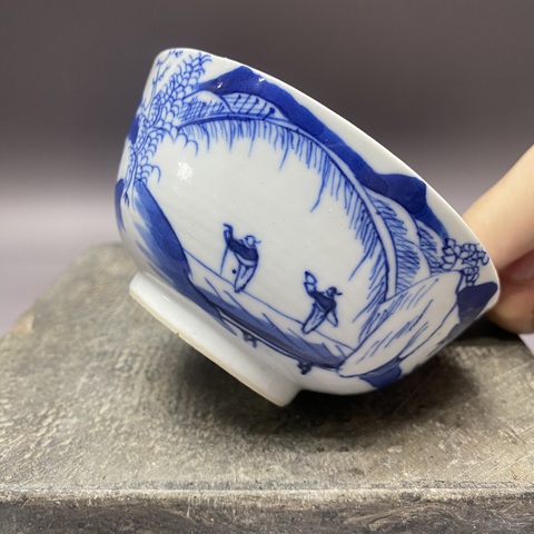 古玩陶瓷清晚期·樵漁耕讀·青花碗拍賣,當前價格960元