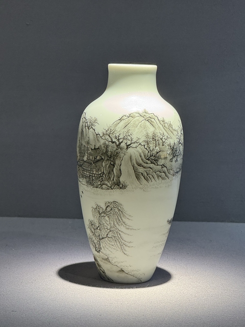 古玩陶瓷墨彩山水人物瓶真品鑒賞圖