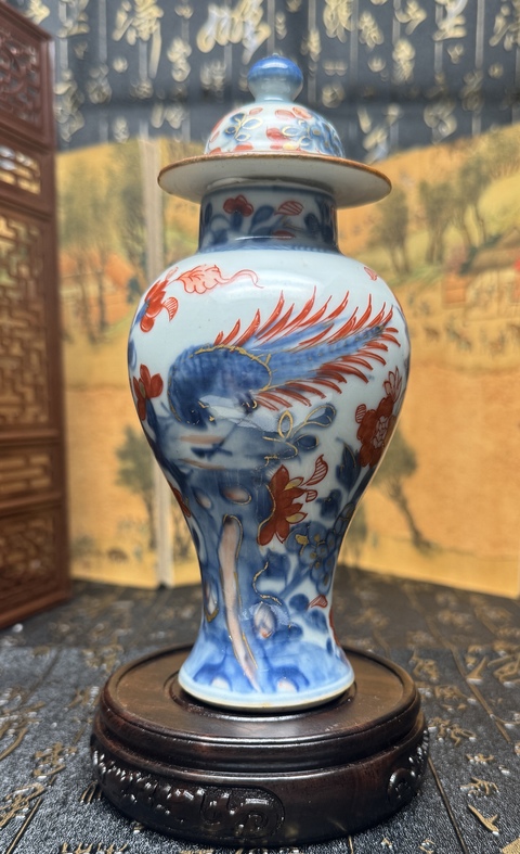 古玩陶瓷清.康熙 青花礬紅雉雞牡丹圖雞腿瓶 全品拍賣，當前價格9880元