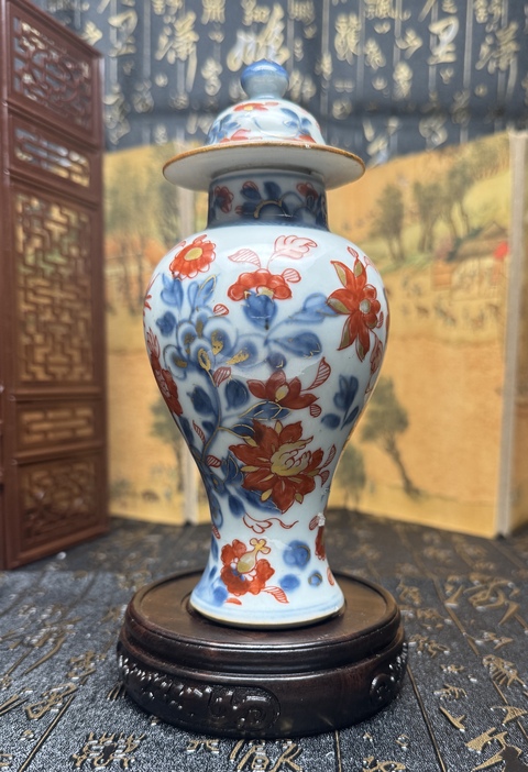 古玩陶瓷清.康熙 青花礬紅雉雞牡丹圖雞腿瓶 全品拍賣，當前價格9880元