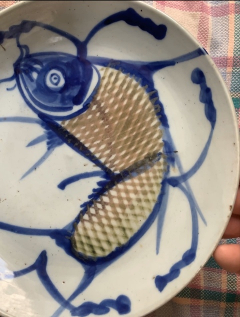 古玩陶瓷青花釉里紅魚藻紋盤真品鑒賞圖