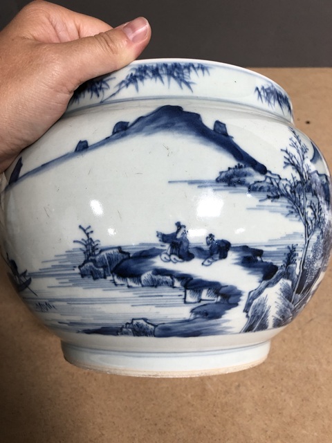古玩陶瓷偏復窯，清康熙風格山水高士圖粥罐真品鑒賞圖