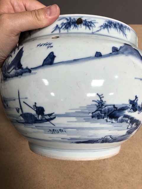 古玩陶瓷偏復窯，清康熙風格山水高士圖粥罐真品鑒賞圖
