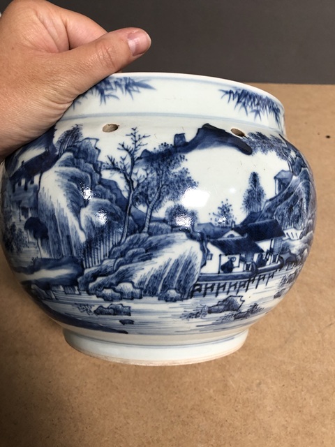 古玩陶瓷偏復窯，清康熙風格山水高士圖粥罐真品鑒賞圖