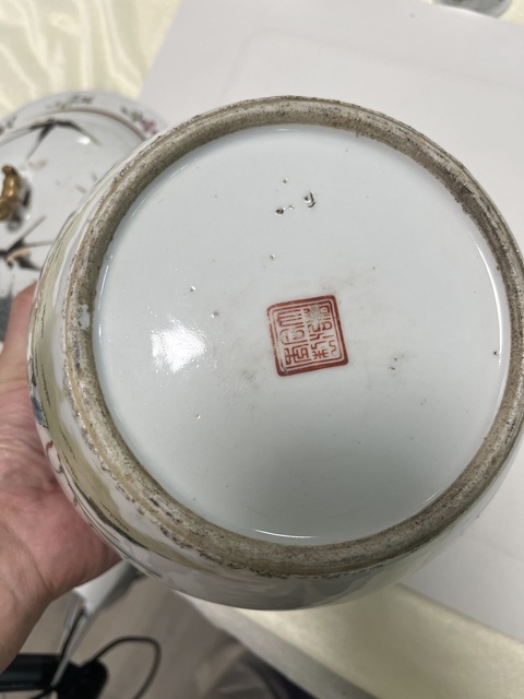 古玩陶瓷粉彩花鳥花卉紋四系粥罐真品鑒賞圖