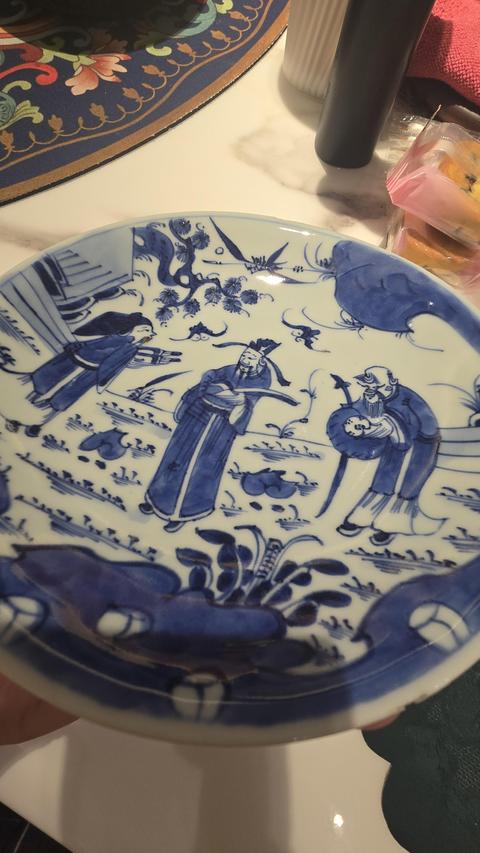 古玩陶瓷三星高照圖青花盤真品鑒賞圖