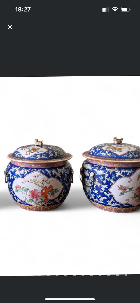 古玩陶瓷藍(lán)底粉彩洞石花卉紋粥罐真品鑒賞圖
