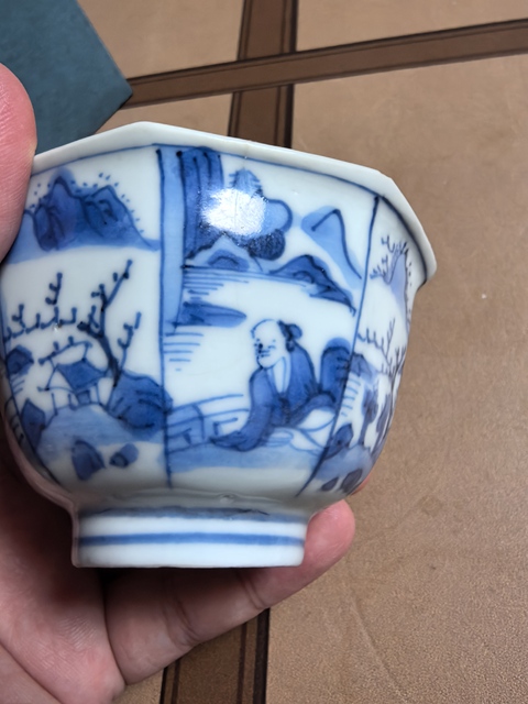 古玩陶瓷青花山水人物八方杯真品鑒賞圖