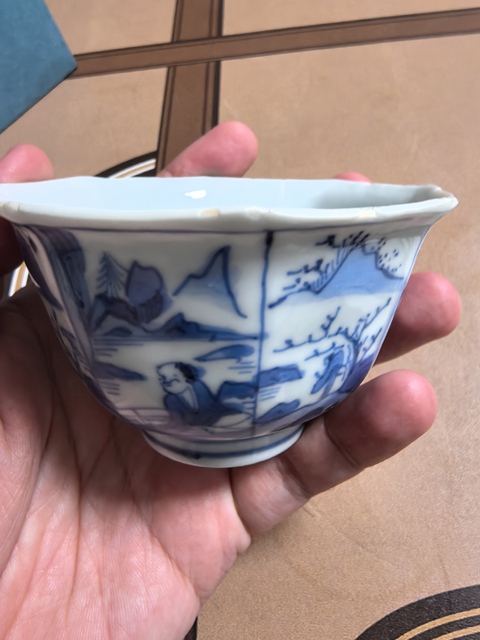 古玩陶瓷青花山水人物八方杯真品鑒賞圖