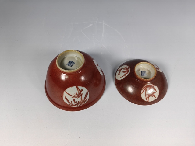 古玩陶瓷清中珊瑚紅釉開窗竹紋茶蓋杯真品鑒賞圖