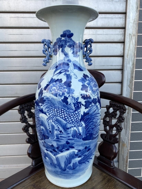 古玩陶瓷青花鶴鹿同春圖雙耳瓶真品鑒賞圖