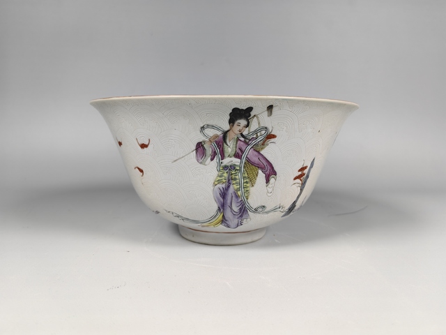 古玩陶瓷民國(guó)松石綠白軋道粉彩仙女賀壽供碗真品鑒賞圖