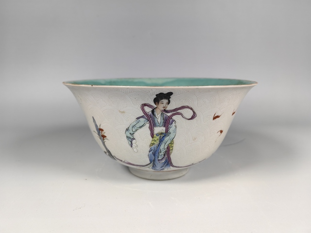 古玩陶瓷民國(guó)松石綠白軋道粉彩仙女賀壽供碗真品鑒賞圖