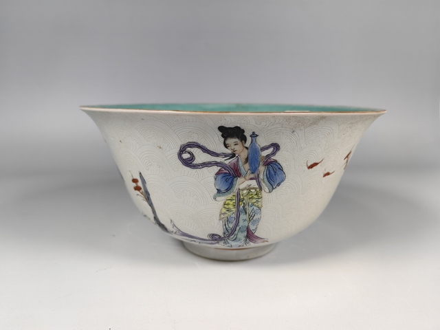 古玩陶瓷民國(guó)松石綠白軋道粉彩仙女賀壽供碗真品鑒賞圖