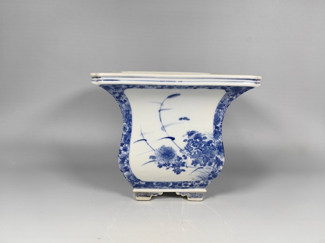 古玩陶瓷晚清民國風景山水花卉鳥四方倭角花盆真品鑒賞圖