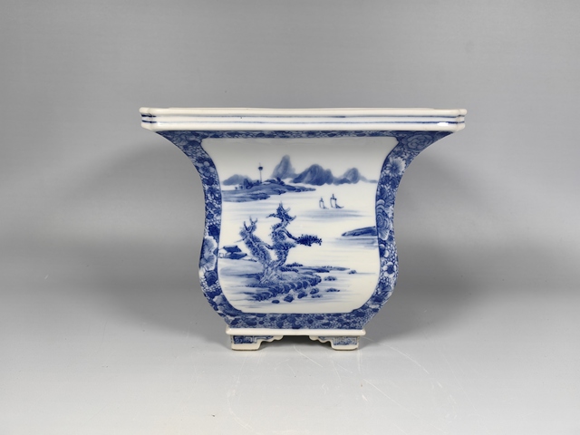 古玩陶瓷晚清民國風景山水花卉鳥四方倭角花盆真品鑒賞圖