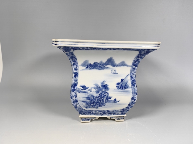 古玩陶瓷晚清民國風景山水花卉鳥四方倭角花盆真品鑒賞圖