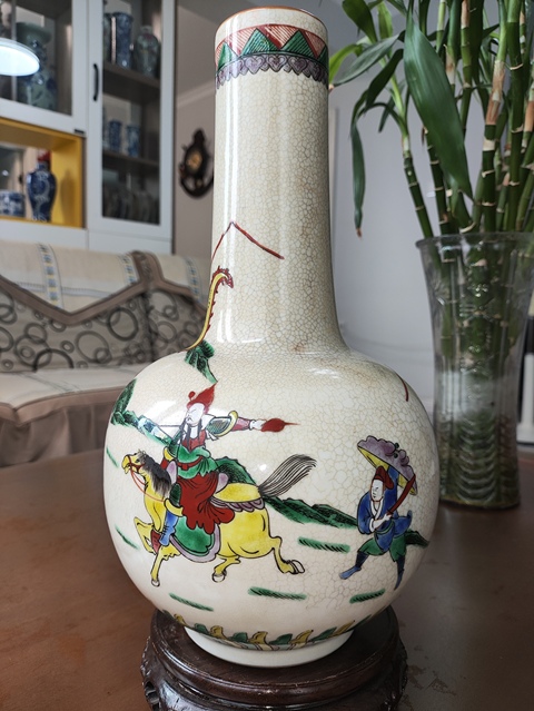 古玩陶瓷哥釉五彩刀馬人物戰將紋天球瓶真品鑒賞圖