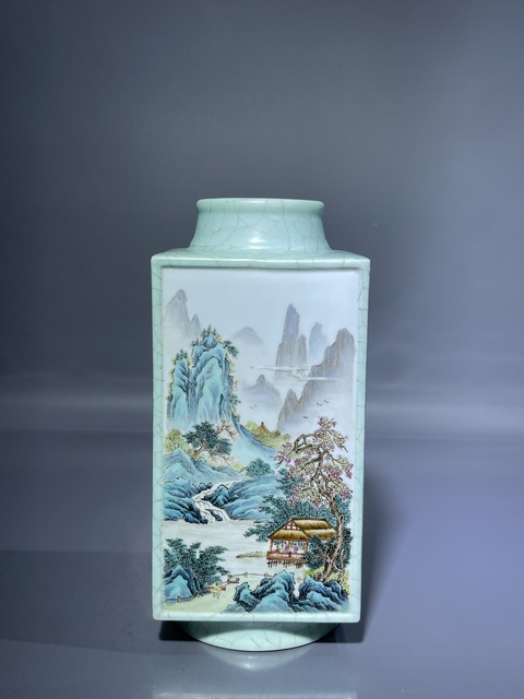 古玩陶瓷山水紋琮式瓶真品鑒賞圖