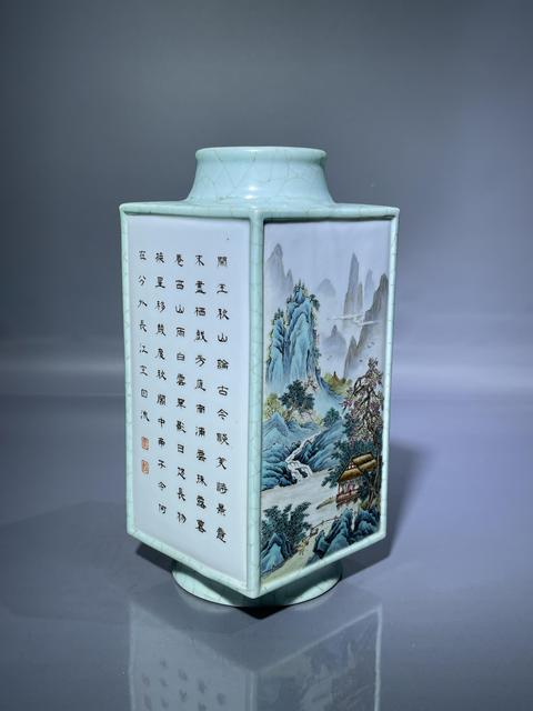 古玩陶瓷山水紋琮式瓶真品鑒賞圖