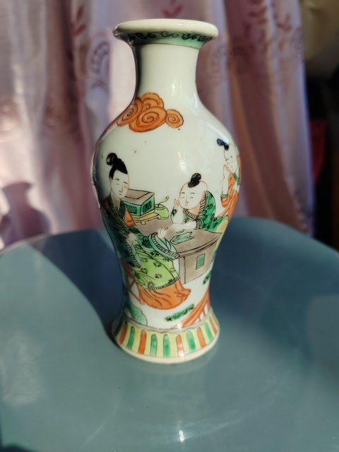 古玩陶瓷清代三娘教子圖五彩觀音瓶拍賣,當前價格8999元