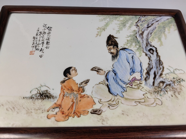 古玩陶瓷民國東坡愛硯人物故事紋粉彩瓷板真品鑒賞圖