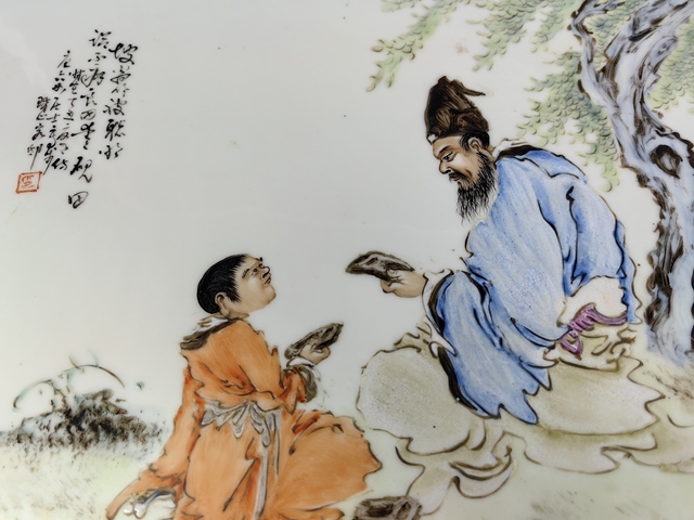 古玩陶瓷民國東坡愛硯人物故事紋粉彩瓷板真品鑒賞圖