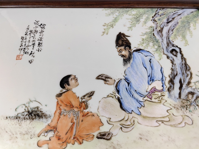 古玩陶瓷民國東坡愛硯人物故事紋粉彩瓷板真品鑒賞圖