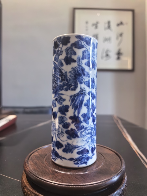 古玩陶瓷晚清青花鳳穿牡丹圖香筒拍賣,當前價格3999元
