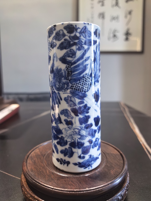 古玩陶瓷晚清青花鳳穿牡丹圖香筒拍賣,當前價格3999元