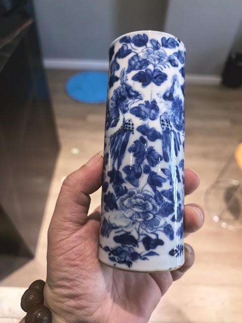 古玩陶瓷晚清青花鳳穿牡丹圖香筒拍賣,當前價格3999元
