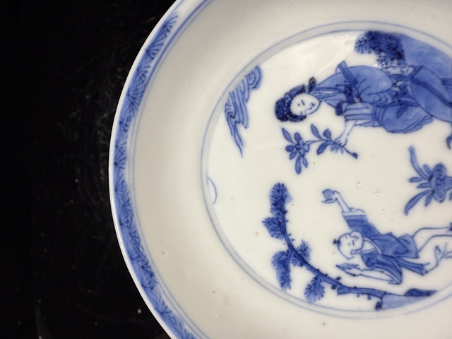 古玩陶瓷三娘教子圖青花盤真品鑒賞圖