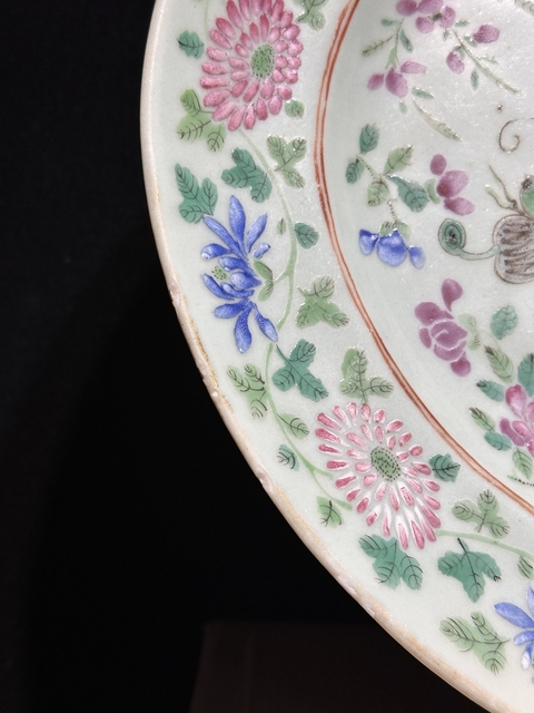 古玩陶瓷花鳥蝶紋粉彩盤真品鑒賞圖