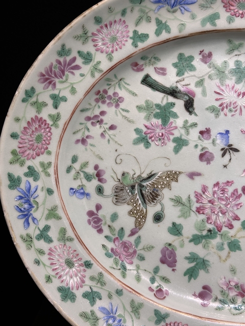 古玩陶瓷花鳥蝶紋粉彩盤真品鑒賞圖