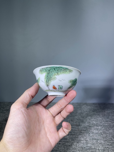 古玩陶瓷晚清民國(guó).淺絳彩竹影清風(fēng)茶碗拍賣,當(dāng)前價(jià)格750元