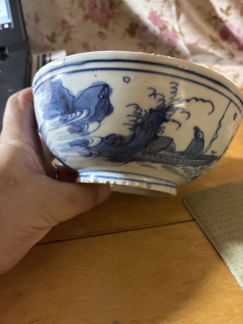 古玩陶瓷青花山水人物詩(shī)文碗真品鑒賞圖