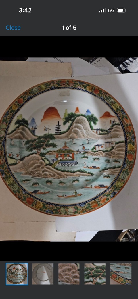古玩陶瓷山水紋廣彩盤真品鑒賞圖