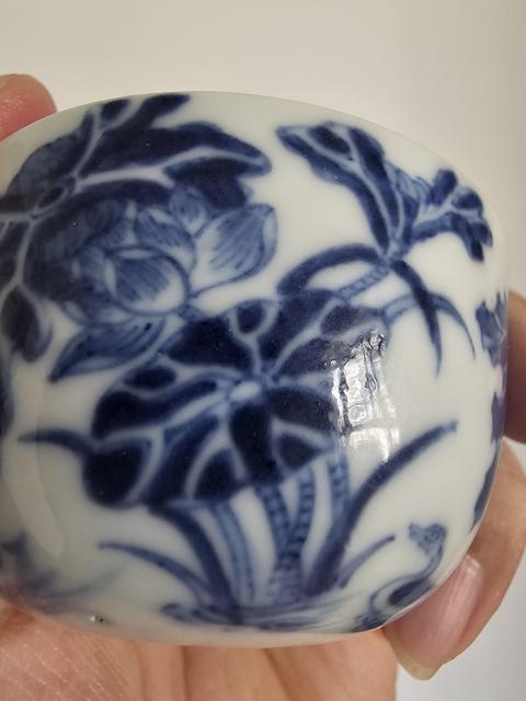 古玩陶瓷蓮池游禽滿池嬌青花杯真品鑒賞圖