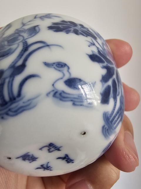 古玩陶瓷蓮池游禽滿池嬌青花杯真品鑒賞圖