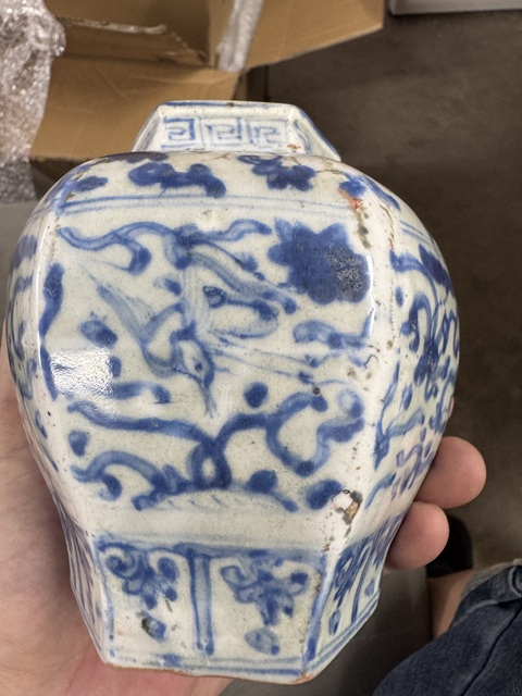 古玩陶瓷明正德青花一路連科六方罐拍賣，當前價格13800元